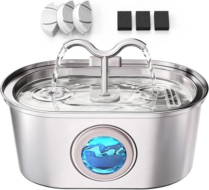 SohoTeco Stainless Steel Cat Water Fountain - Dual Spout 108oz for Multiple Cats